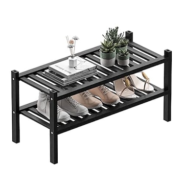 ROMGUAR CRAFT 2 Tier Thick Bamboo Shoe Rack for Closet Free Standing Wood Shoe Shelf for Entryway Small Space Stackable 27x12x14 Black