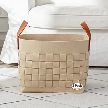boldmonkey 2 Pack Blanket Basket 15x13x11 XXLarge Woven Felt Laundry Baskets with Handle Nursery Storage Living Room Rectangular for Toy Clothes Kids BedroomKhaki