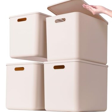 GUMEIGODA Plastic Storage Bins with lidsStorage BasketsContainer with handleStorage Organizer Bins for ShelvesOfficeBedroomsClosets CabinetsGrey4XL