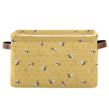 AUUXVA Cute Animal Bee Square Storage Basket Bin Canvas Fabric Compressible Organizer Basket with Handle for Bedroom Nursery Office 1PCS