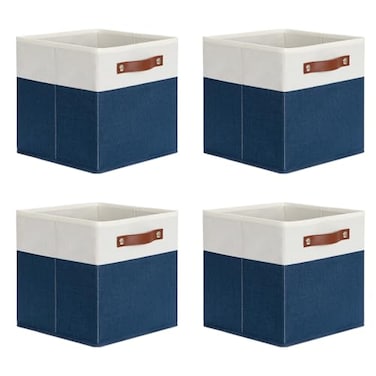DULLEMELO Fabric Bins for Cube 11x11 Gift Baskets Empty for Boy Girl Mother Father Christmas FestivalFabric Storage Bins Cube Organizer Baskets With Leather HandlesWhiteBlue