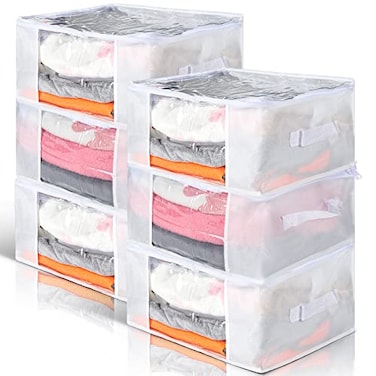 Sadnyy 6 Pcs Clear Storage Bags with Zippers Foldable Clothes Containers Case Plastic Organizer Large Sweater Storage Bins with Handles for Fabric Blanket Cloth Bedding16 x 12 x 8 InchWhite