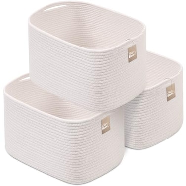 CHAT BLANC Cotton Rope Baskets for Organizing Shelves Toys Storage Shoe Bathroom Laundry Towel Nursery Home Decor Blanket Cloth Woven Bins Fabric Creamy White 15x10x9
