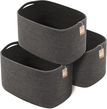 CHAT BLANC Cotton Rope Baskets for Organizing Shelves Toys Storage Shoe Bathroom Laundry Towel Nursery Home Decor Blanket Cloth Woven Bins Fabric Graphite 15x10x9