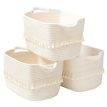 TeoKJ White Cotton Rope Baskets for Storage Set of 3 Woven Clothes Basket for Organizing and Storage Blanket Basket for Living Room Laundry Bathroom Shelves