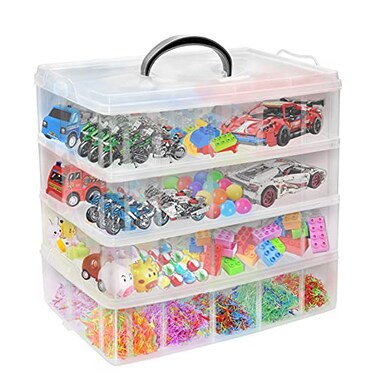 YOCOMEY 4Tier Stackable Storage Container Box with 40 Adjustable Compartments Plastic Organizer Box Transparent Storage Case for Kids Toys Art Crafts Jewelry Supplies Fuse Beads Washi Tapes