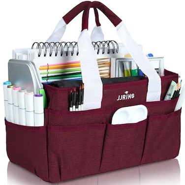 JJRING Craft Organizer Tote Bag Art Storage Caddy with Multiple Pockets Dark Red Sewing Bag for Art Craft Scrapbooking School Medical and Office