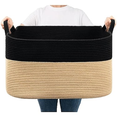 Goodpick Large Woven Storage Basket 216 x 149 x 118 Rectangle Cotton Rope Laundry Basket with Handles Baby Toy Blanket Storage for Living Room Bedroom