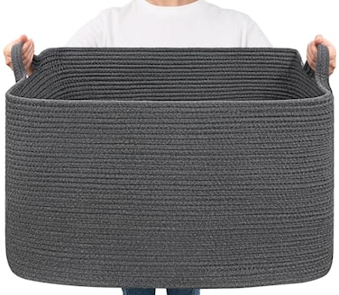 Goodpick Storage Basket Rectangle Dirty Clothes Baskets for Laundry Woven Basket for Living Room Extra Large Cotton Rope Baskets for Toys Blankets 236 x 157 x 138 Dark Gray