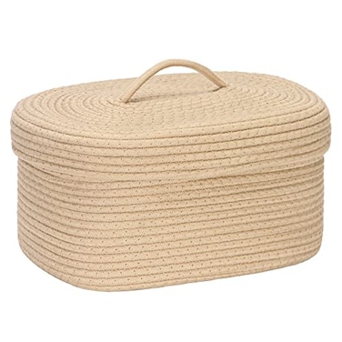 Sea Team Oval Cotton Rope Storage Basket with Lid Lidded Woven Storage Bin Nursery Storage Container Diaper Caddy Baby Shower Basket Box Organizer 15 x 11 x 65 Inches Medium Khaki