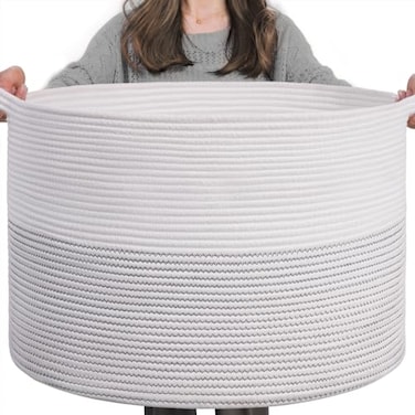 INDRESSME XXXLarge Cotton Rope Basket 217 x 217 x 138 Woven Baby Laundry Basket for Blankets Toys Storage Baskets with Handle Comforter Cushions Storage Bins Thread Laundry HamperBlack Stitch