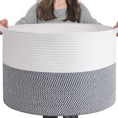 INDRESSME XXXLarge Cotton Rope Basket 217 x 217 x 138 Woven Baby Laundry Baskets Blanket Basket Toy Baskets with Handle Storage Comforter Cushions Navy Laundry Hamper