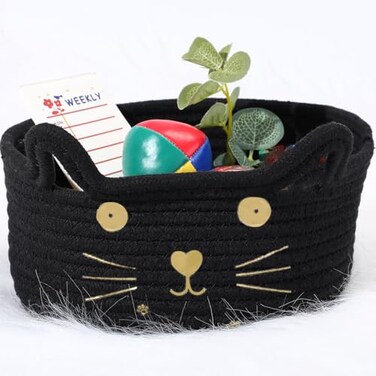 Zopeal Cat Basket Storage Woven Organizer with Ears Easter Decorative Gift Pet Toy Cute Cotton Rope Basket for Gift Cat Dog Toy Bin Nursery Room83 x 47 InchBlack