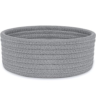 ABenkle Small Woven Basket Empty Tiny Shallow Storage Basket Mini Cotton Rope Baskets Round Decorative Hamper Basket Storage Bins for Toys Spa Socks Nursery Living Room Grey