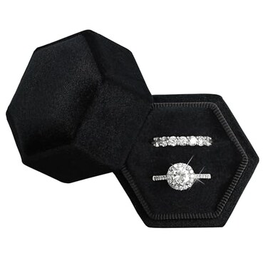 BLUTETE Hexagon Velvet 2 Slots Jewelry Ring Box Engagement Ring Box Wedding Day Detachable Lid for Proposal Engagement Wedding Ceremony Black