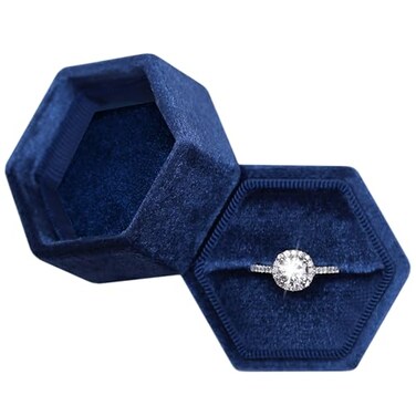 BLUTETE Hexagon Velvet Jewelry Single Slot Ring Box Engagement Wedding Box Keepsake Box Bridal Photo Ring Navy