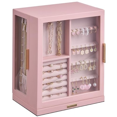 Glimmloop 360 Rotating Jewelry Box with 5 Drawers Spacious Vertical Jewelry Organizer with Glass Window Jewelry Storage Case Dustproof Moistureresistant Design Pink