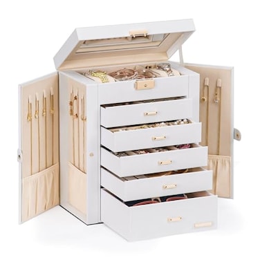 Homde Jewelry Box Large for Women 6 Layers 5 Drawers Organizer with Mirror for Ring Earring Necklace Storage Holder with Lock for Dresser Ideal Gift Case White