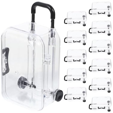 HOMSFOU Mini Suitcase Favor Box 12pcs Mini Luggage Travel Suitcase Candy Box Clear Plastic Rolling Trolley Case Jewelry Storage Holder for Wedding Birthday Black 3 x 2