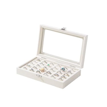 Julysky Rings Organizer Tray Velvet Jewelry Ring Storage Box with Transparent lid Jewelry Ring BoxJewelry Display Case Beige 30 Slots