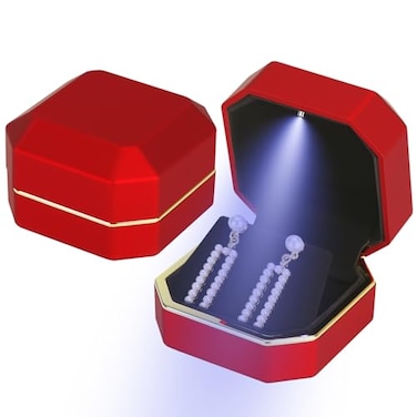 LETURE Luxury LED Jewelry Earring Pendant Stud Box Velvet Earring Necklace Gift Box Storage Case Organizer Holder for Proposal Engagement Wedding Anniversary Birthday Ceremony Red