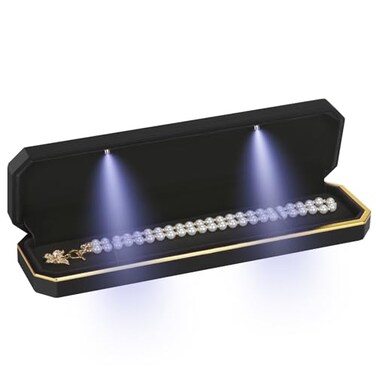 LETURE Luxury LED Necklace Long Chain Gift Box with LED Light Velvet Jewelry Box Storage Case Organizer Holder Black