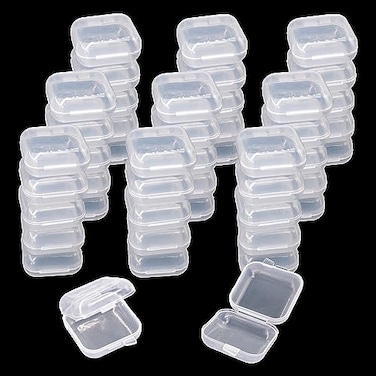 NEETUE 80 pcs Mini Clear Plastic Jewelry Box Earring Storage Box Small Storage Containers with Hinged Lids for Crafts Screws Art Embroidery Nail Accessories 138x 138x 078Inches Clear