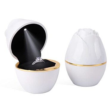 Rolin Roly White Ring Box with LED Light Rose Jewelry Ring Case Jewellry Display Gift Boxes for Mothers Day Wedding Ring Box Ceremony Engagement Proposal Anniversary White