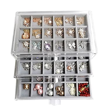 YUFONG Earring Organizer Box Acrylic Jewelry Organizer with 3 Drawers 54 Adjustable Grids Clear Stackable Earring Holder Velvet Trays Ring Display Case for Women Girls Gray
