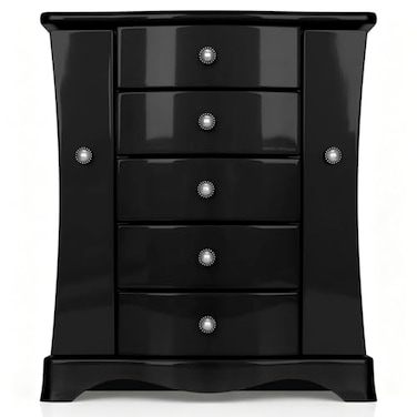 RR ROUND RICH DESIGN Solid Wood Jewelry Box Large Organizer with 4 Drawers Builtin Necklace Carousel Large Mirror Black