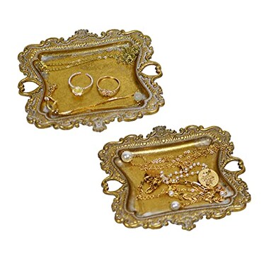 Funly mee Small Antique Trinket Dish Vintage Jewelry Tray Ring Holder Gold2PACK