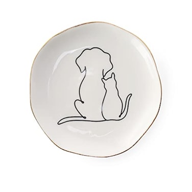 HOME SMILE Ceramic Cat and Dog Ring Dish 4x4x06 inches White Irregular Round Shape Polished Finish Christmas Gift