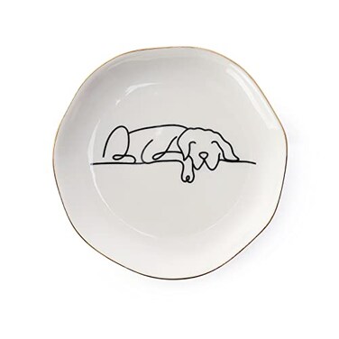 HOME SMILE Sleeping Dog Ring Dish Jewelry Tray Christmas Gifts for Dog Mom Ceramic White 4