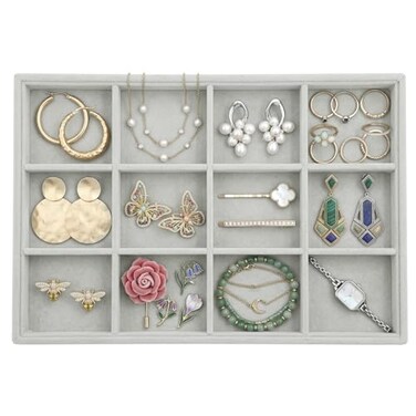 Stratalife 12 Grid Jewelry Organizer Tray Stackable Drawer Earring Organizer with Adjustable Dividers Jewelry Display Tray for Necklace Earring Ring Bracelet 138 x 94 x 12 Grey