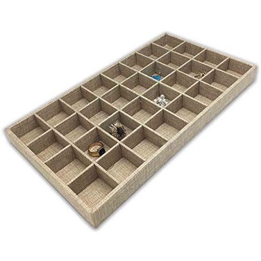 TheDisplayGuys For The Display Guys Stackable Jewelry Tray and Organizer for Drawers Dressers Store Display 32 Compartments Beige Burlap
