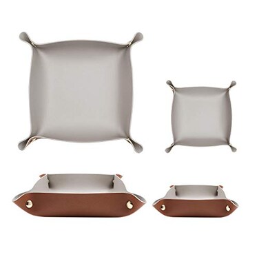 POTTIIS 2 Size Leather Valet Tray Organizer Folding Travel Organizer Jewelry Tray For Travel Home Or Office Plain Weave Double Complexion Brown Grey