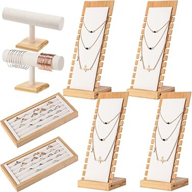 Marsui 8 Pcs Bamboo Jewelry Display Holder Set Include T Bar Bracelet Stand Necklace Tabletop Display Boards Ring Earrings Tray Easels for Jewelry Selling ShowsBeige