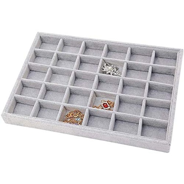 Pimuza Grey Velvet Stackable 30 Compartments Jewelry Tray Showcase Display Organizer Holder Rectangle Storage Box Case Containers Chest for Women Crystal StoneStud Drop EarringWatchBeadTrinketDiamond