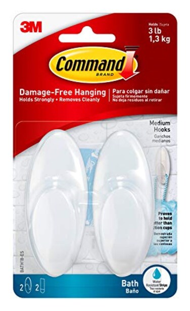 Command Bath Medium Hooks 3 lb Capacity 2Hooks 2Strips Organize DamageFree