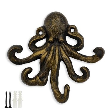 HERNGEE Octopus Cast Iron Wall Hook Nautical Decorative Key Holder Coastal Ocean Theme Animal Hook for Entryway Bathroom or Bedroom Heavy Duty Antique Bronze
