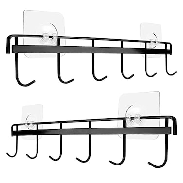 WOOPSOO 2 Pack Kitchen Adhesive Wall Hooks Rack RailSpoon Hanger for Kitchen Hanging Spatulas Measuring Spoons Space Saving No Drilling Hanger with 6 Hooks for Bathroom Bedroom Closet Black