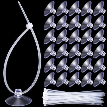 ANCIRS 30pcs 25mm Suction Cups with 50pcs Transparent Zip Ties Aquarium Suction Cups for Fish Tank Plant Holder Decoration Rubber Sucker Pad Without Hooks for Home Kitchen Hanging Organization