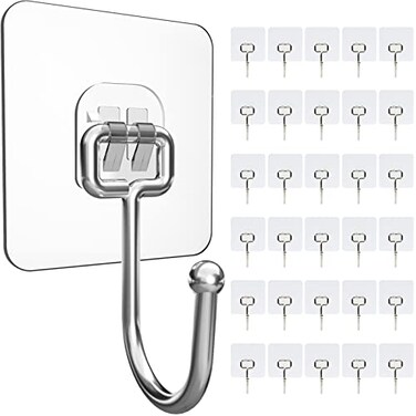 Anffeary 30 Packs Large Adhesive Wall Hooks Heavy Duty Hold 44lbMax Wall Hooks for Hanging Transparent Waterproof Rustproof Sticky Hooks for Kitchen Bathroom Home Office