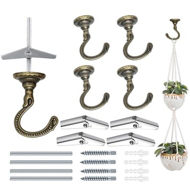 Evsteluo 4 Sets Large Swag Ceiling HeavyDuty Hooks with Complete Hardware Kit Ideal for Hanging Plants Ceiling Drywall Installation Antique Brass
