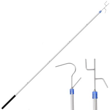 ISIVOVE Clothes Hook Pole Clothes Hanger Reaching Hook for Hanging Clothes Light and Plants Extendable from 29 to 74 Made of Stainless Steel Tube with Sponge Handle with Two Hooks