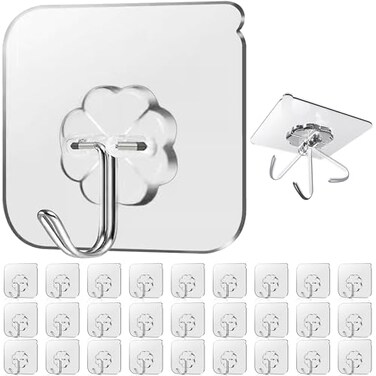 Lahedomege 28 Pack Sticky Hooks for Hanging Heavy Duty Wall Hooks Adhesive Clear self Adhesive Hooks for Wall Kitchen Bathroom Shower Ceiling