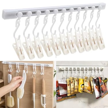 OULIGET Utility Slide Rail Hook with 10 Adjustable ClipsUnder Cabinet Kitchen Seasoning Bag Storage Seal ClipNo Drill Wall Mounted Hanger RackClips Hook Dual Purpose