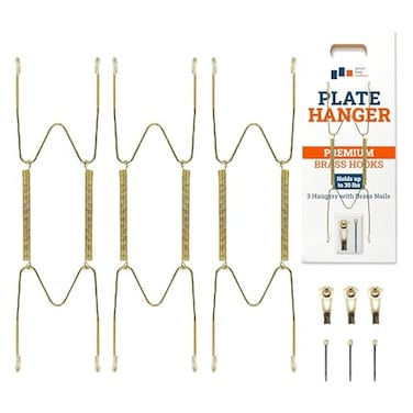 Cloverdale Supply PHS Plate Hangers for the Wall Decorative Plate Holder Set for 78 Inch Plates 3 Pack Stainless Steel Wall Plate Holder with Brass Hooks and Nails Display Hanging Kit for Home Decor