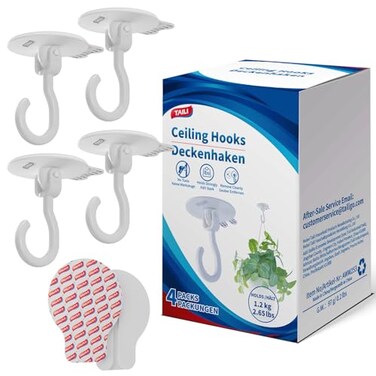 TAILI Adhesive Ceiling Hooks for Hanging Plants Heavy Duty NoDrill Removable Sticky Wall Hooks Hanging Christmas Lights Garland Coat for Door Kitchen Renter Friendly 4 Pack White