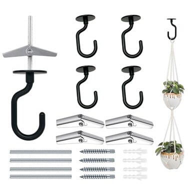 Evsteluo 4 Sets Large Swag Ceiling Hooks Heavy Duty Swag Hook with Hardware for Hanging Plants Ceiling Installation Cavity Wall Fixing Black